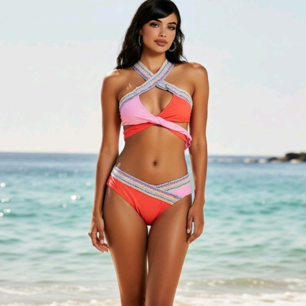 Popvil L Colorblock‎ Bikini Set Pink Coral Rainbow Trim Criss Cross Top Swimwear